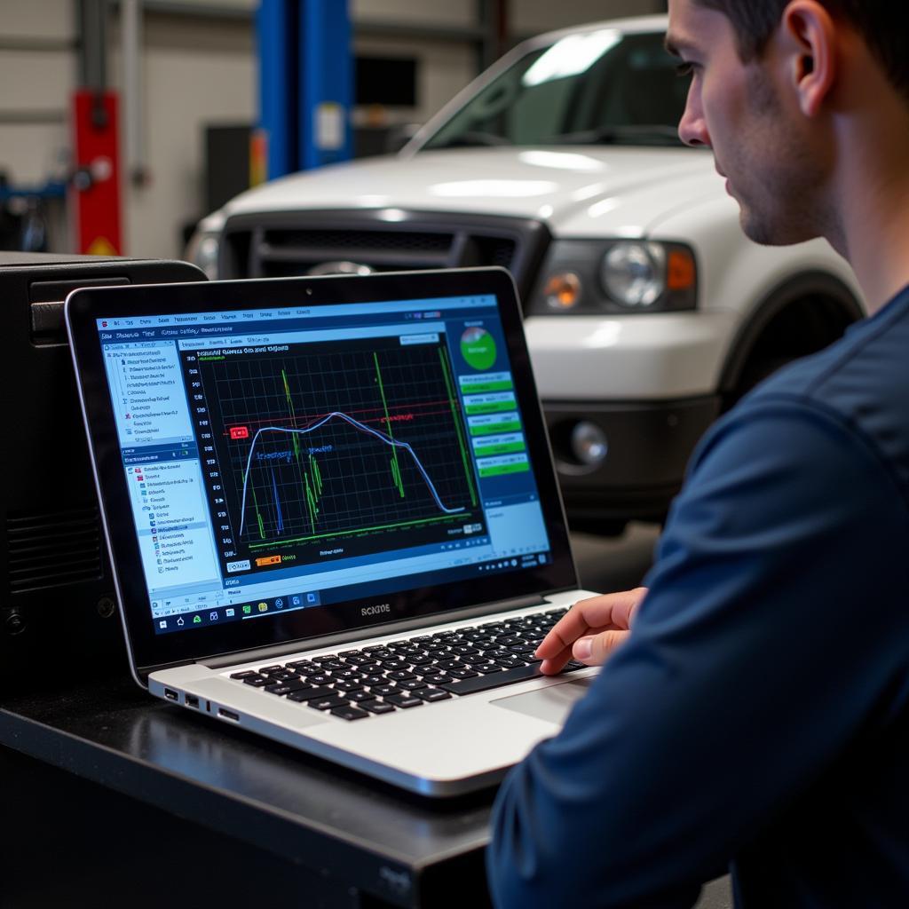 Technician performing remote diagnostics on a 2007 Ford F150