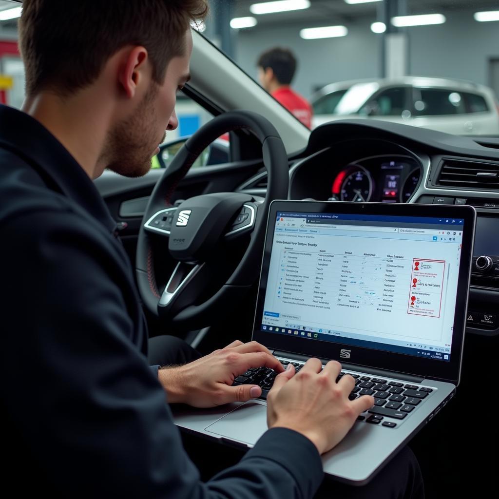 Mechanic Performing Remote Diagnostics on a Seat Ibiza