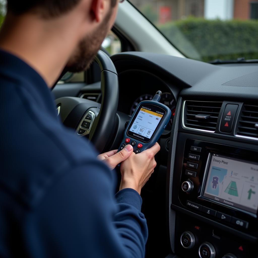 A mechanic using a diagnostic tool on a Renault Scenic