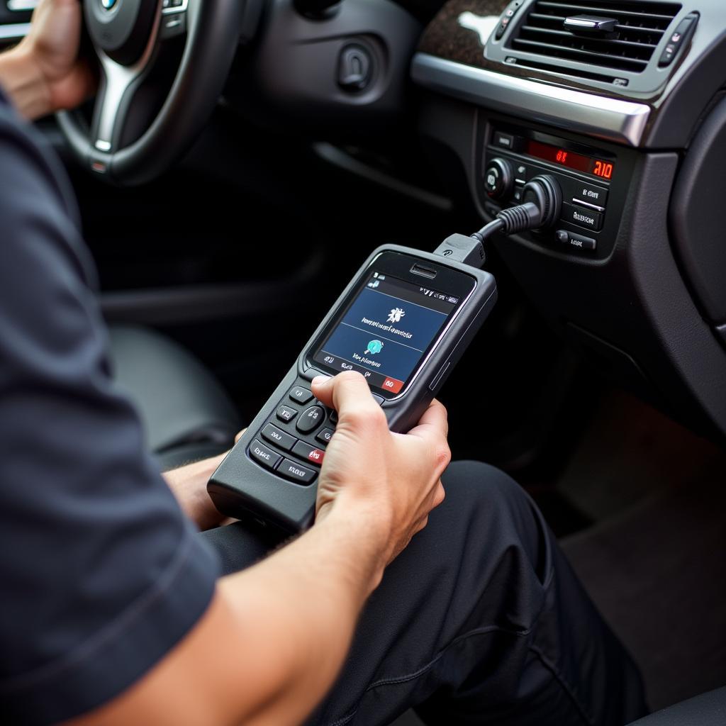 A mechanic using a diagnostic tool to reset the brake pad warning light on a BMW X5