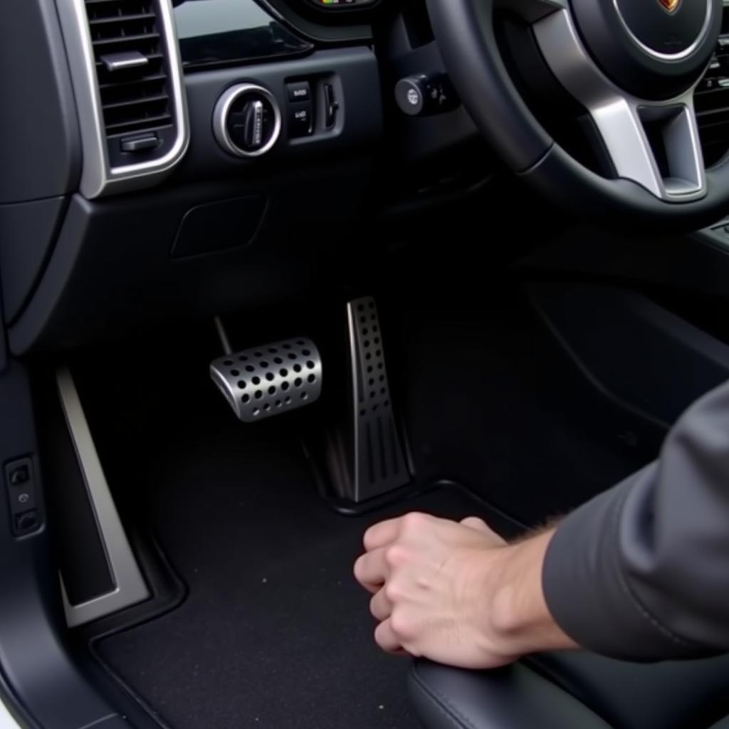 A person holding down the brake pedal in a Porsche Cayenne