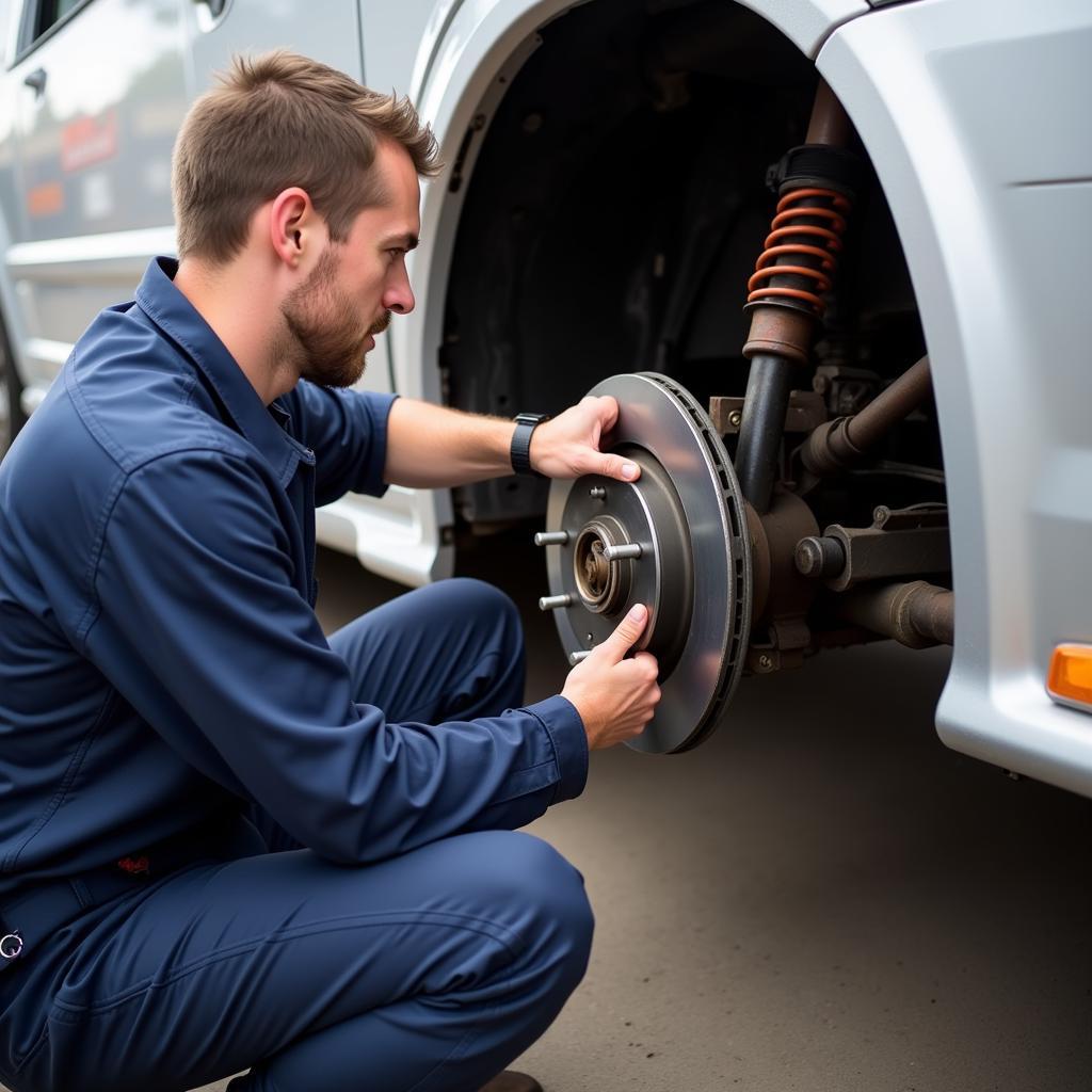 RV Mechanic Inspecting Brakes