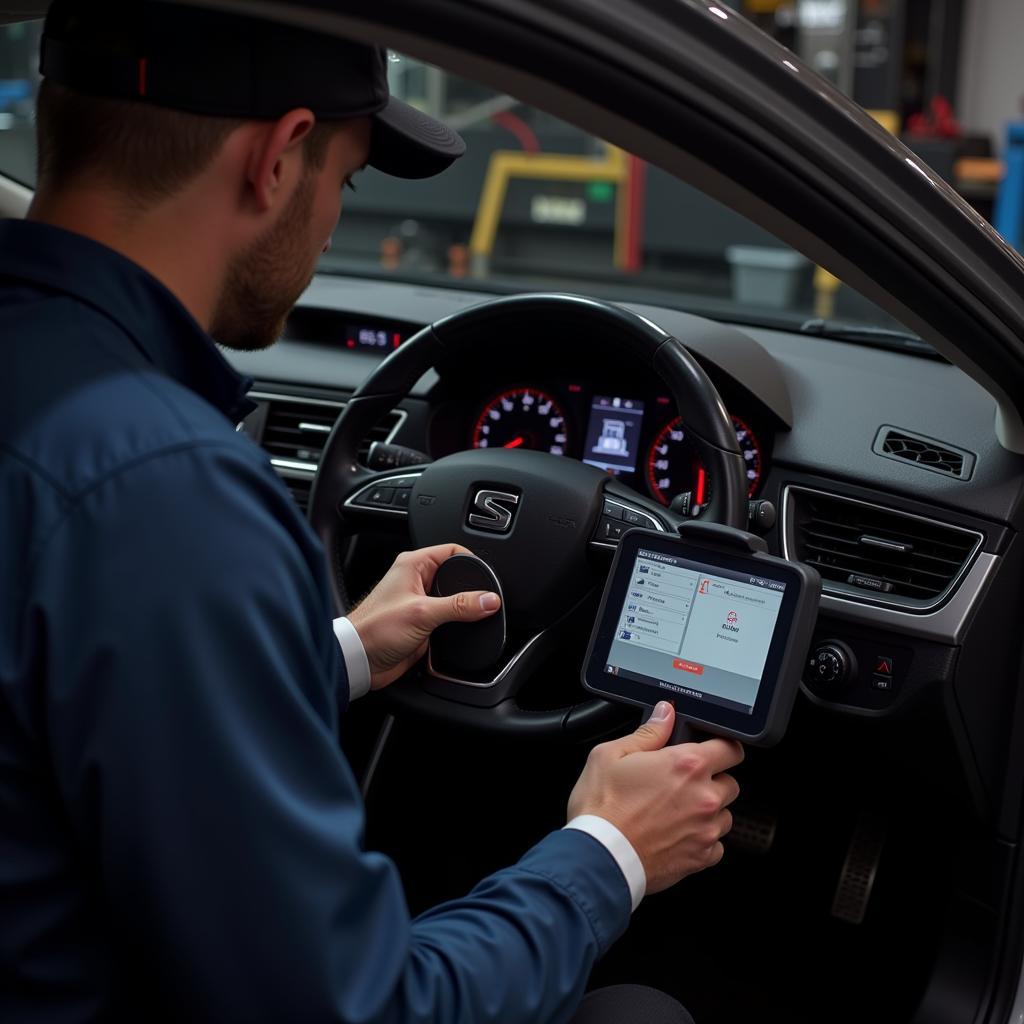 Mechanic performing a diagnostic scan on a Seat Altea