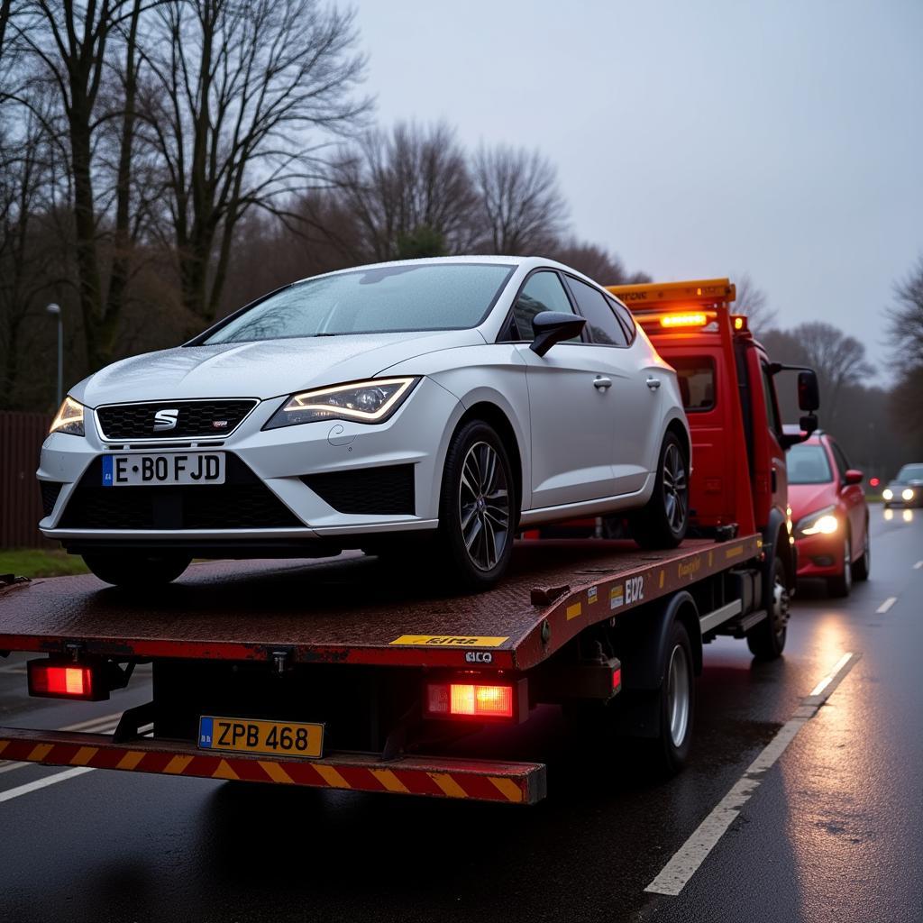 Tow truck transporting a Seat car with EPC warning light issue