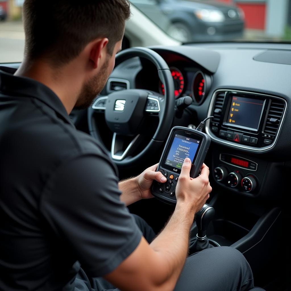 Mechanic performing a diagnostic check on a Seat Ibiza