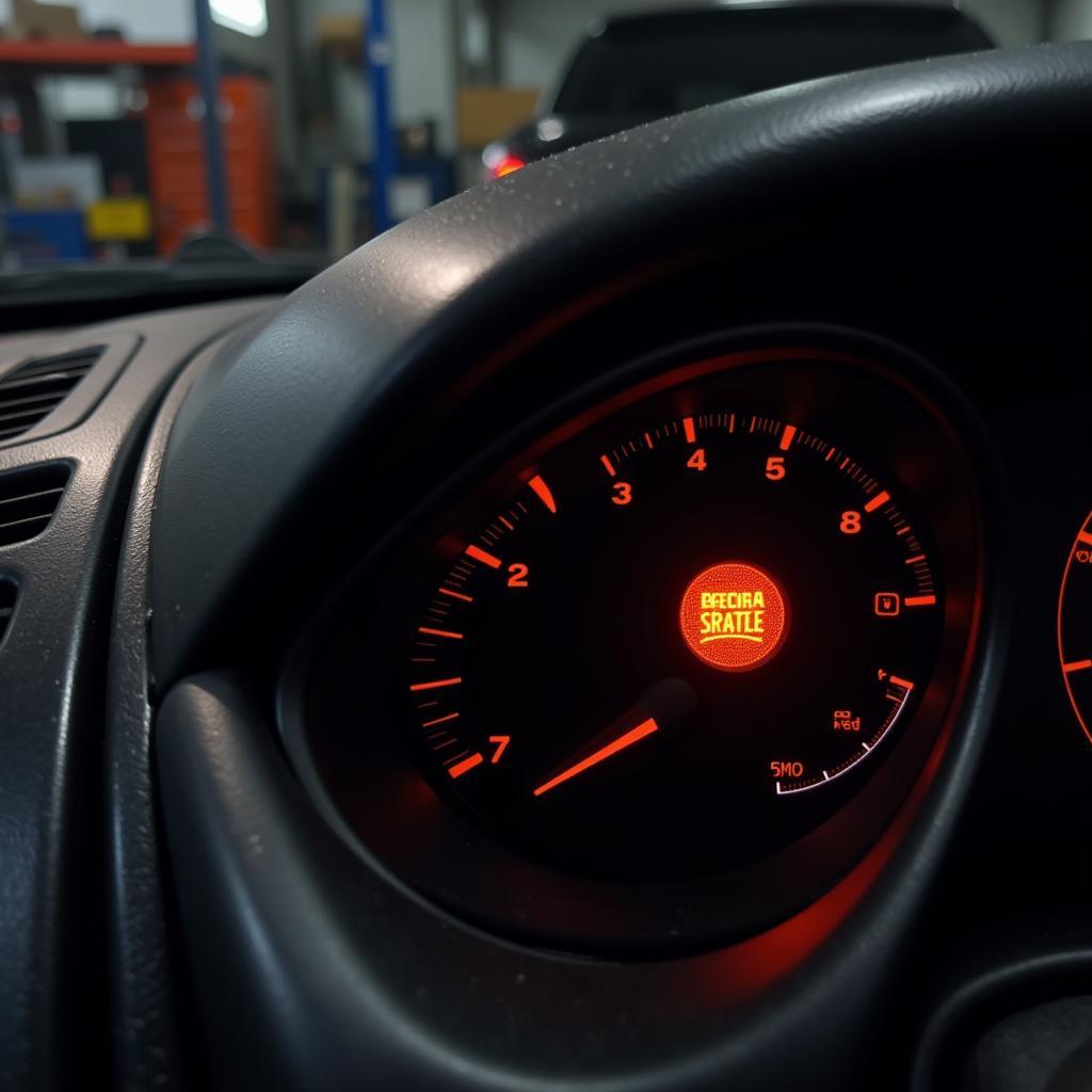 Car with a stuck caliper and brake warning light illuminated