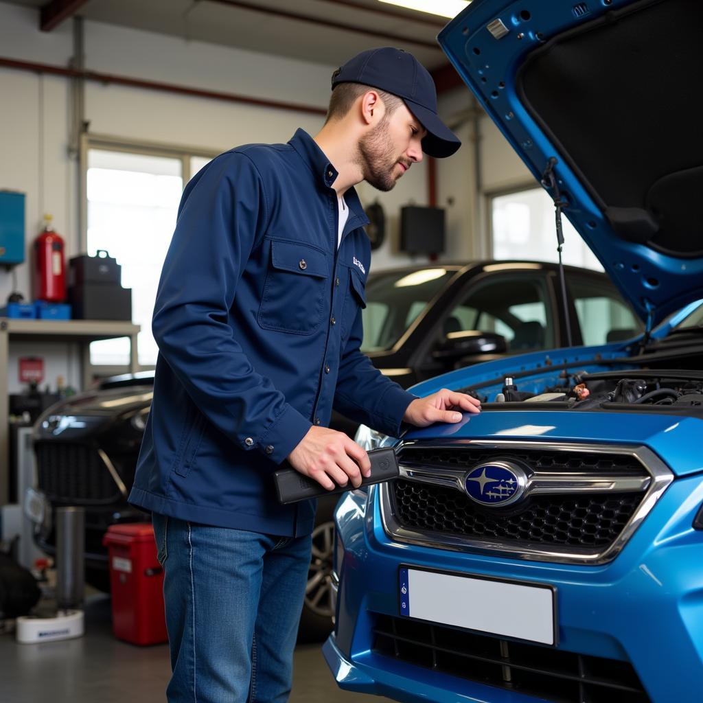 Subaru Mechanic Diagnosing a Vehicle