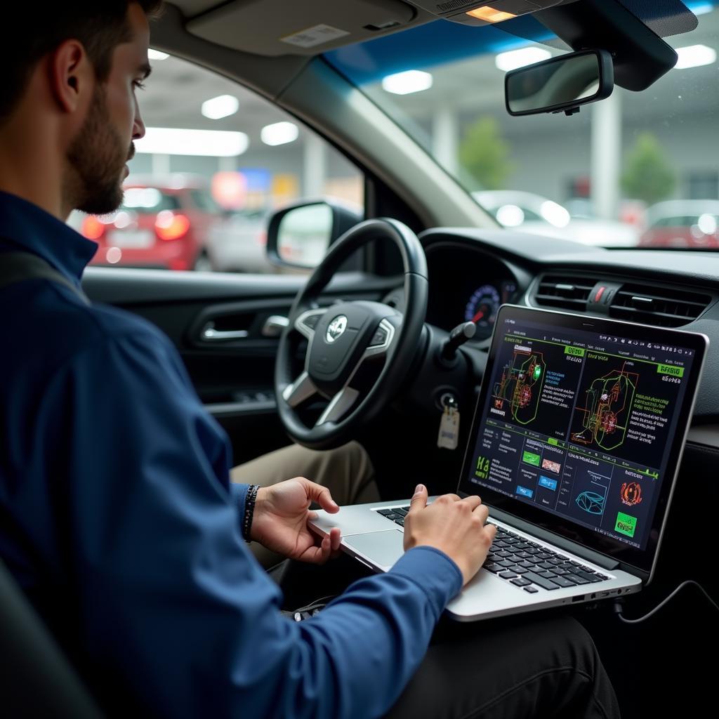 Technician Performing Car Diagnostics Using Specialized Software