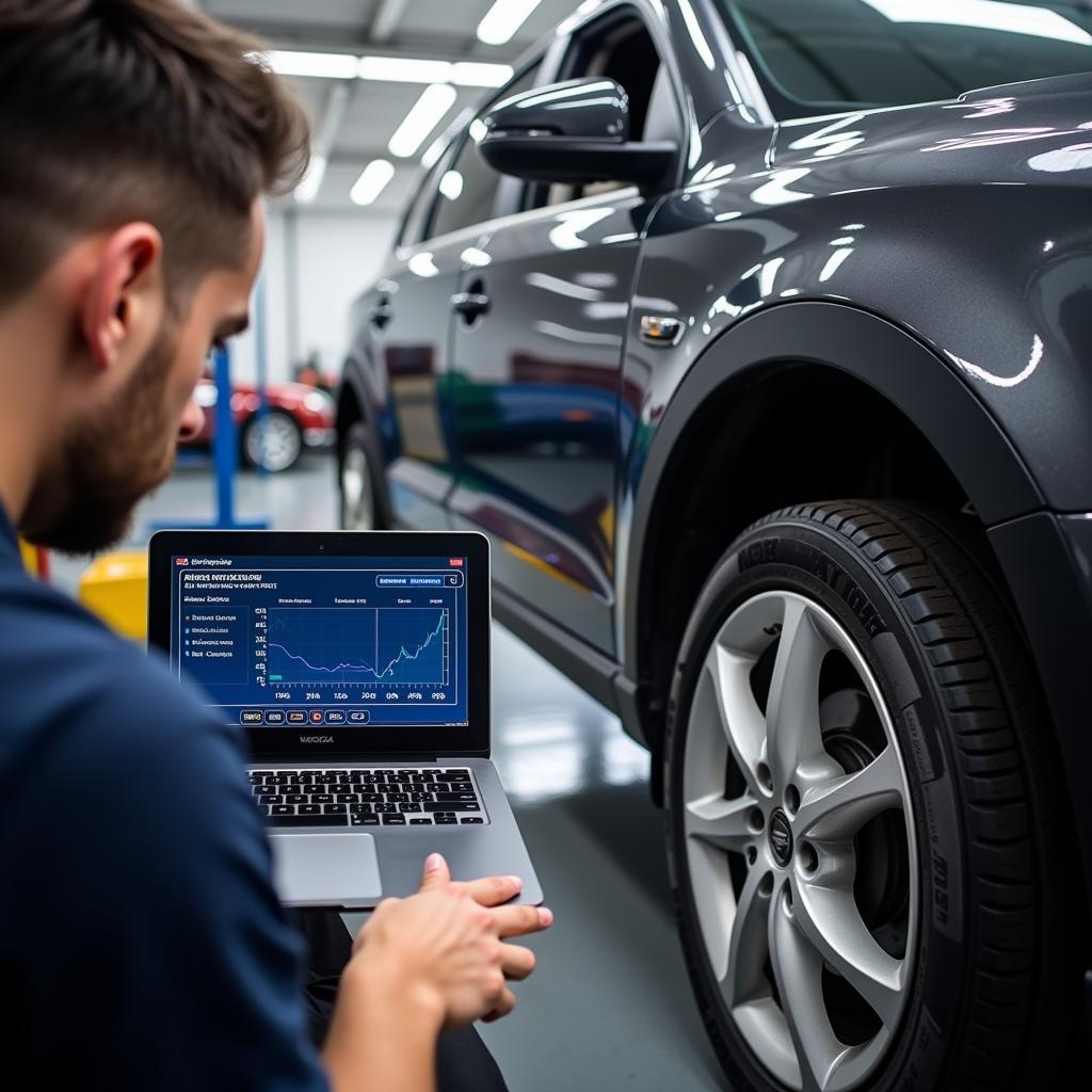 Technician Performing Remote Diagnostics on a Car's Brake System