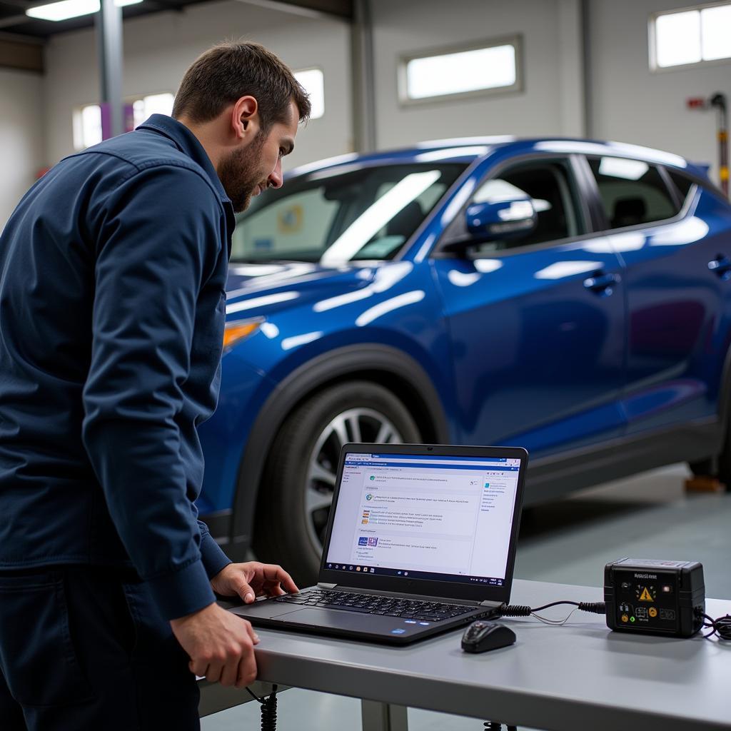 Technician Performing Remote Diagnostics on a Vehicle