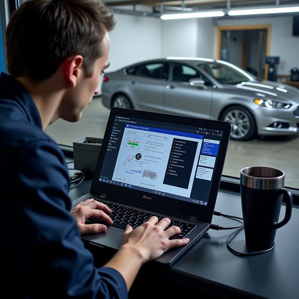 Technician Performing Remote Diagnostics on a Ford Fusion Hybrid