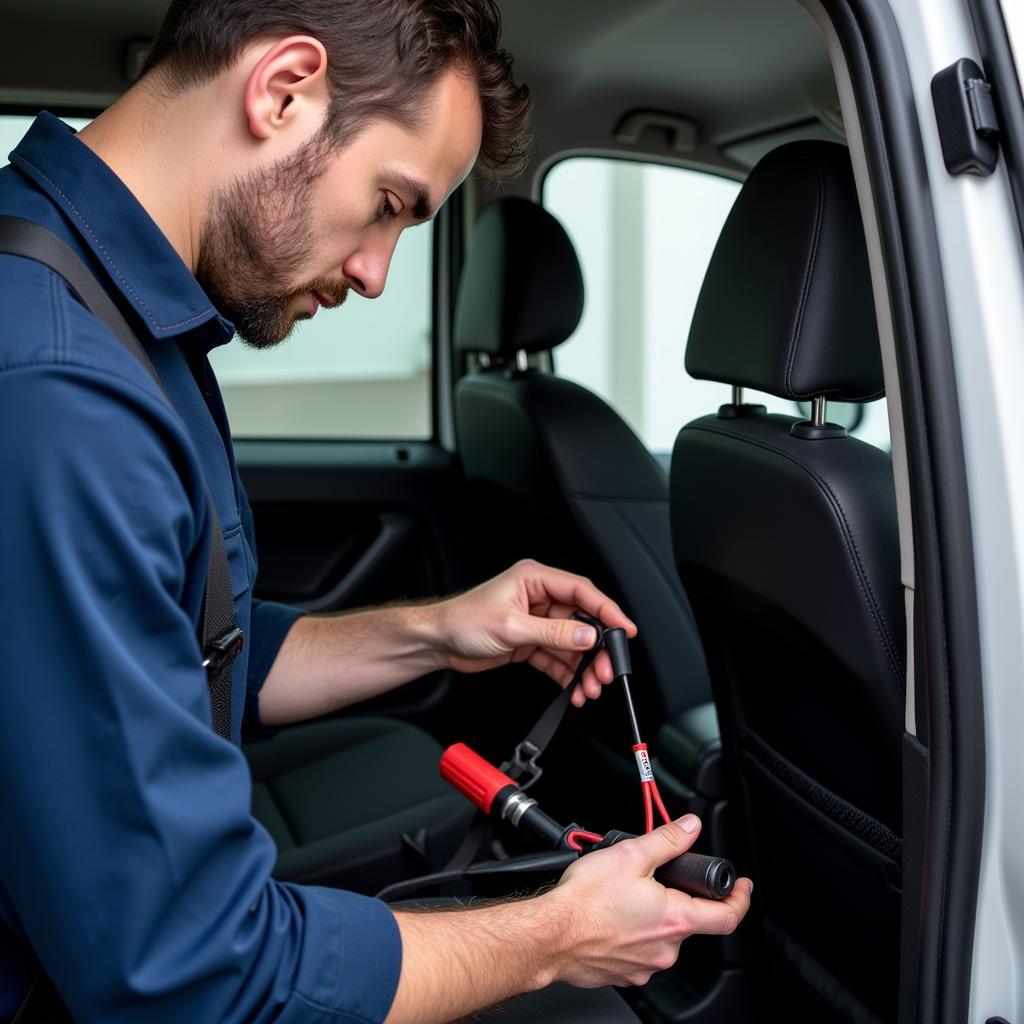 Technician Repairing Peugeot Partner Seat Belt System