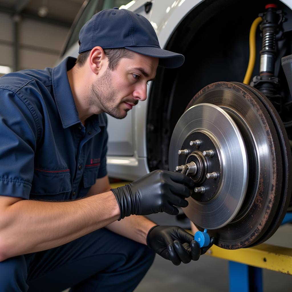 Mechanic inspecting the brake fluid reservoir of a Volkswagen Beetle