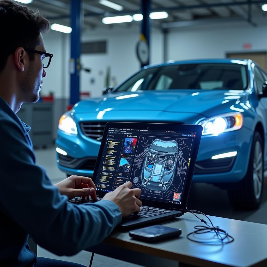 Technician Performing Remote Diagnostics on a Volvo S60