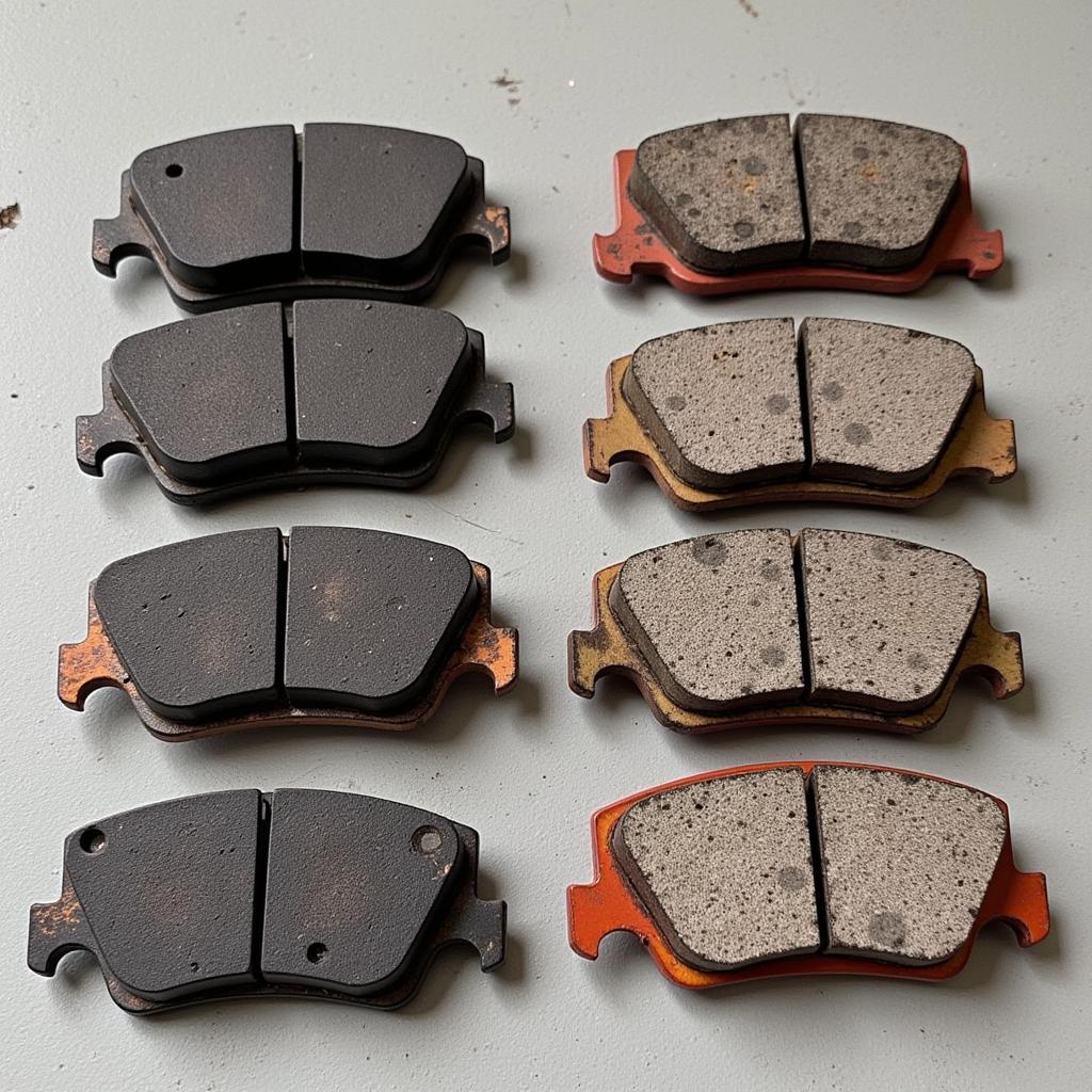 Close-up of worn brake pads next to new brake pads