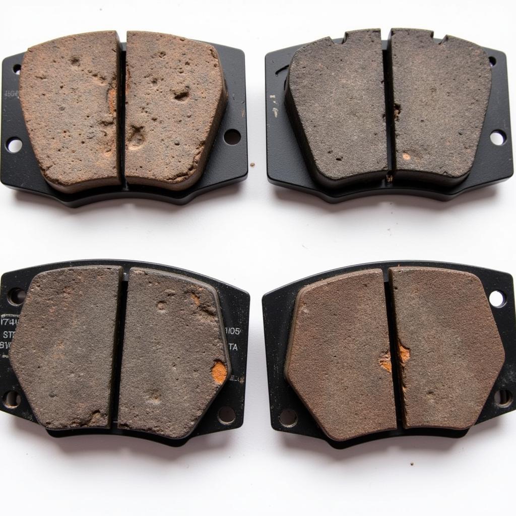 Worn Brake Pads Next to New Brake Pads