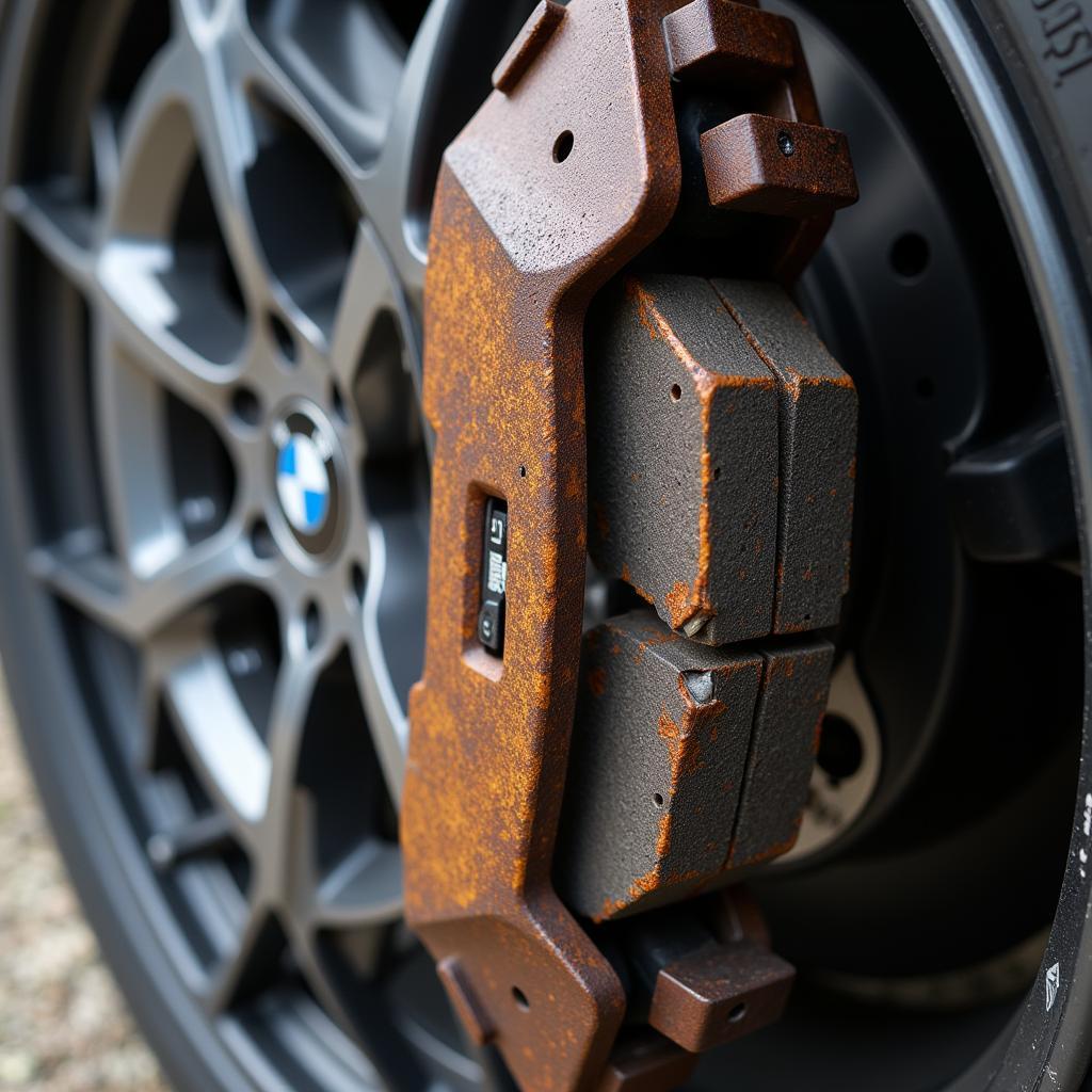 Worn brake pads on a BMW