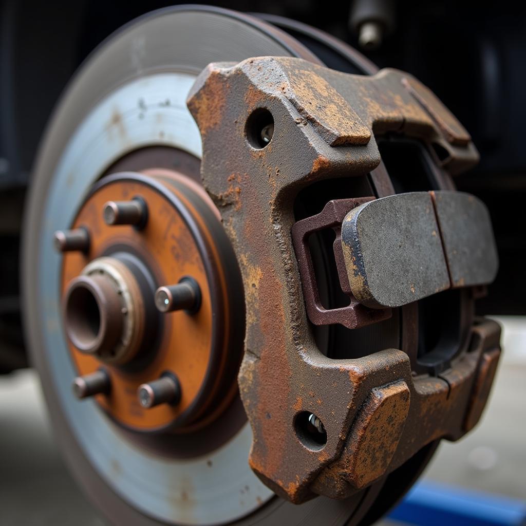 Worn brake pads with wear indicator