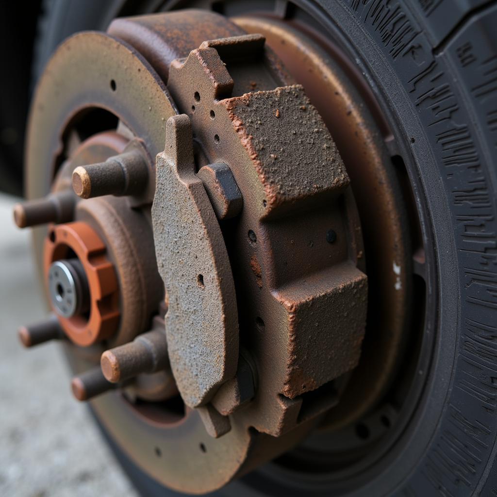 Worn brake pads with wear indicator