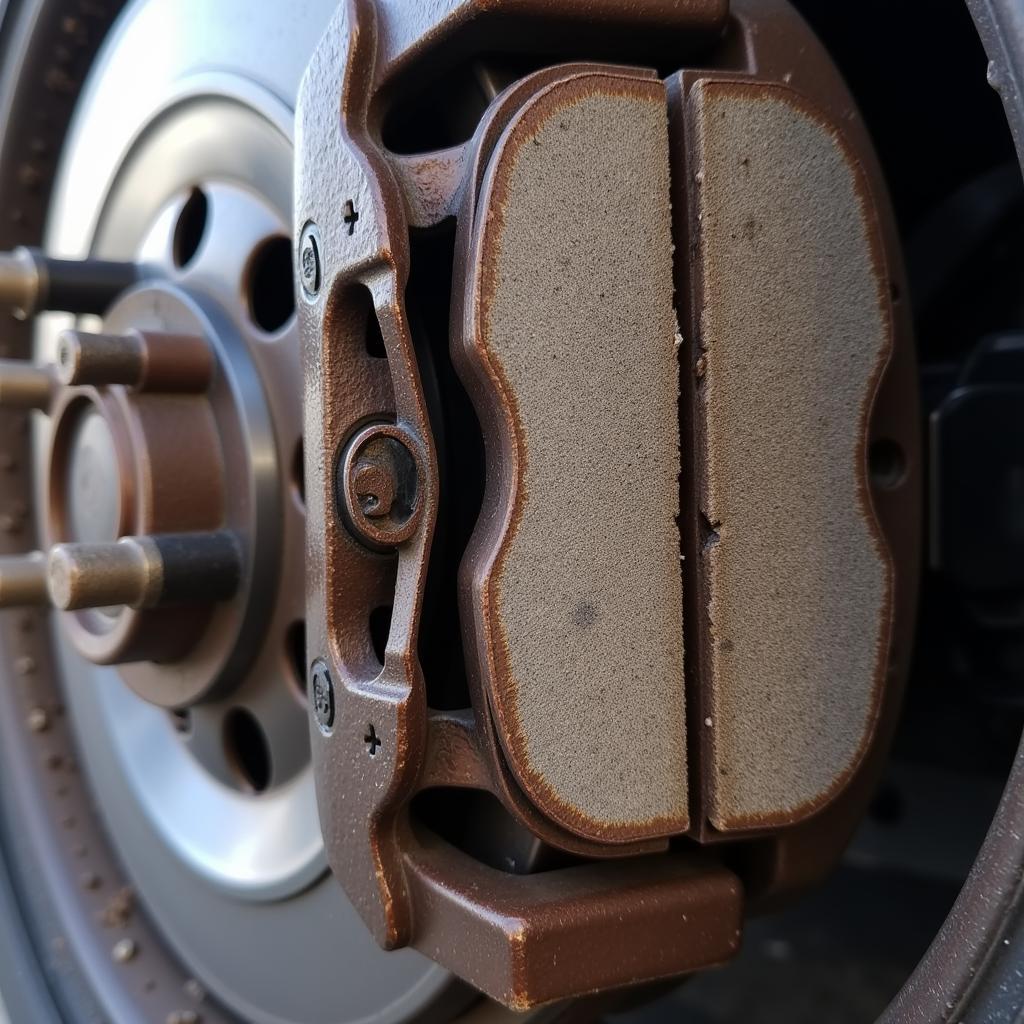 Worn brake pads in a BMW 3 series