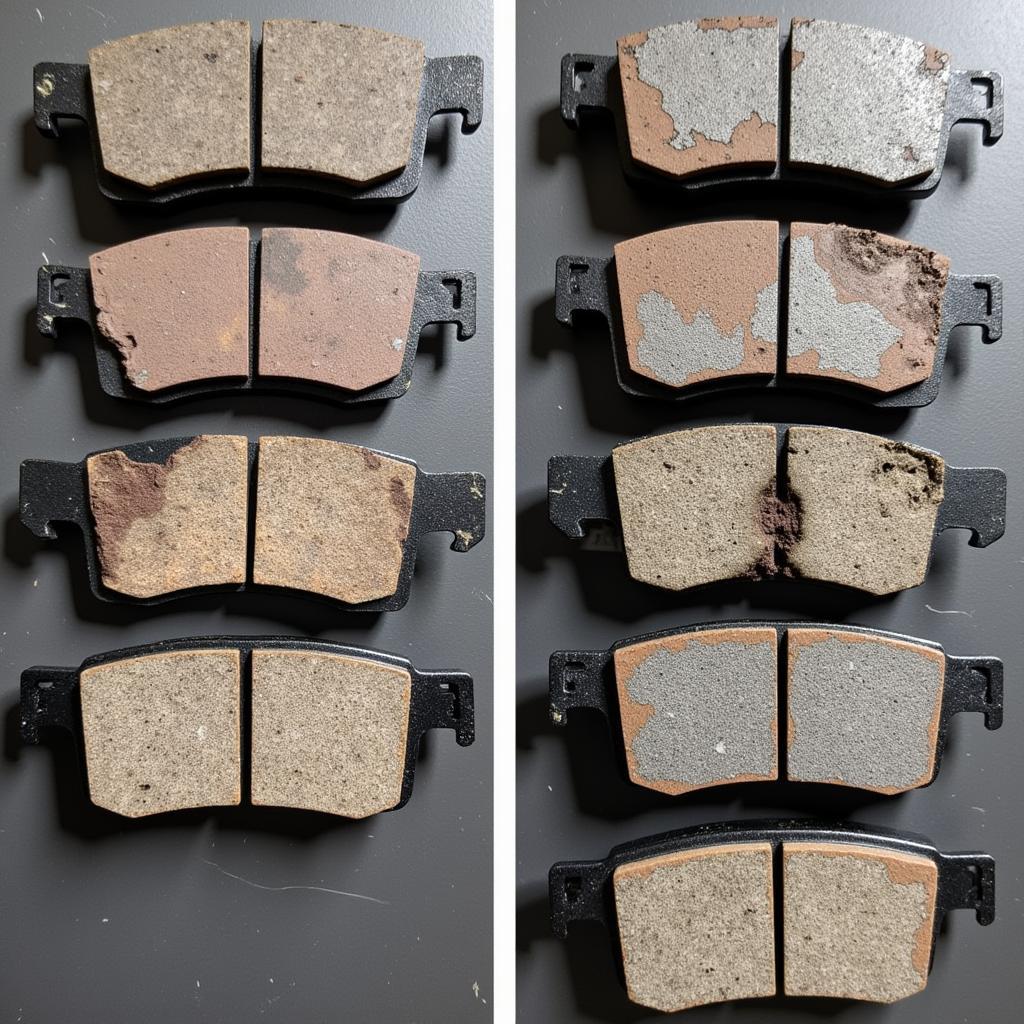 Worn brake pads compared to new brake pads