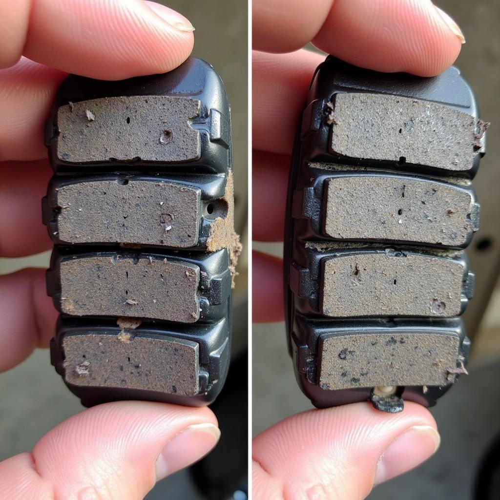 Comparison of worn brake pads and new brake pads