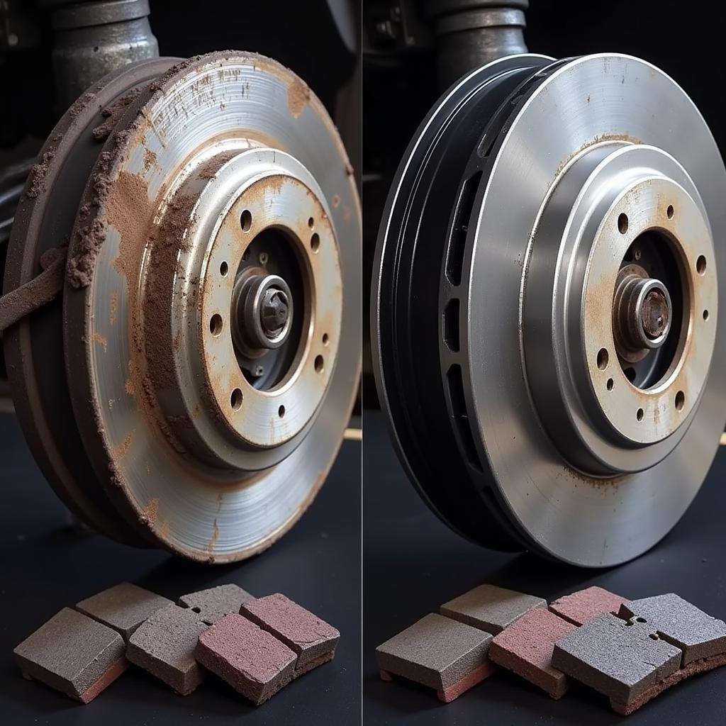 Comparison of worn brake pads and new brake pads