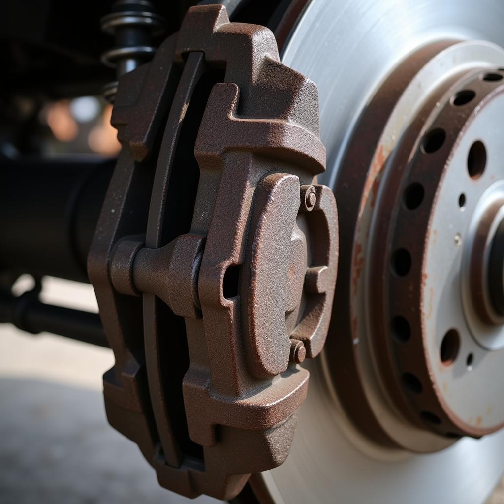 Worn brake pads with visible wear indicator