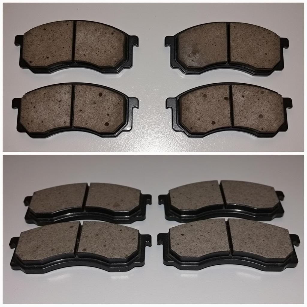 Worn-out brake pads compared to new brake pads