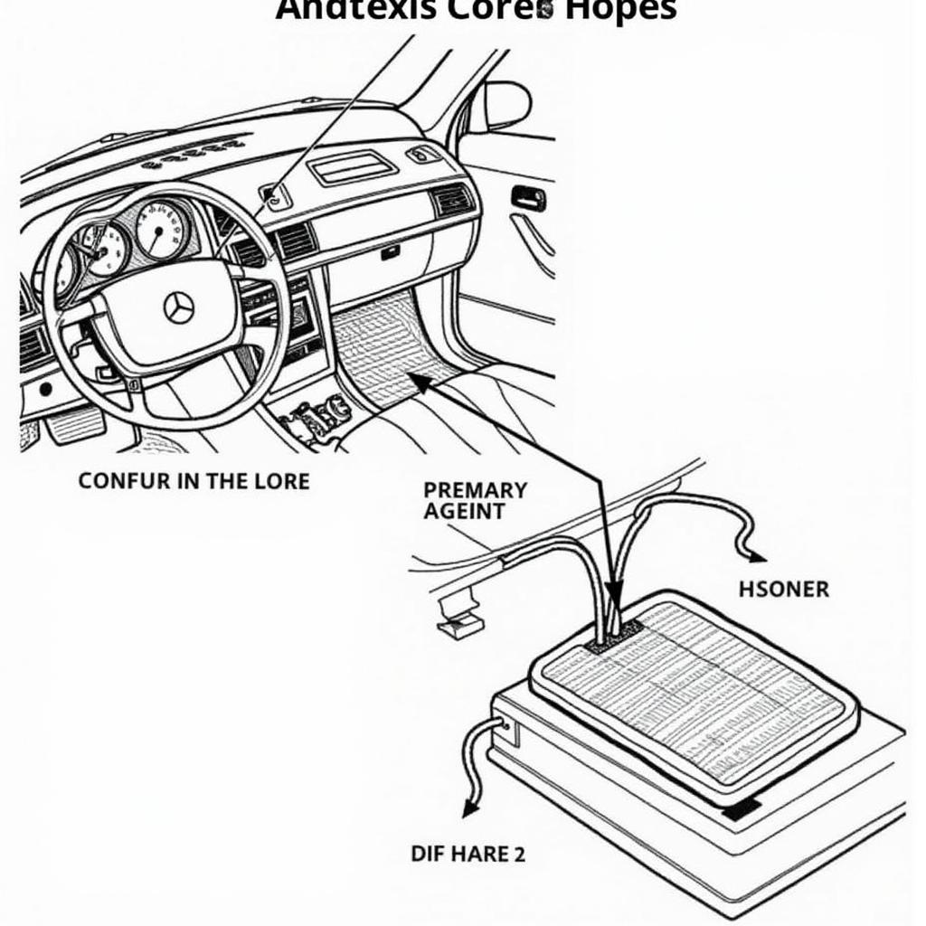 1992 Mercedes 300D Heater Core Location: Diagram showing the heater core location within the dashboard and its connection to the engine coolant system.