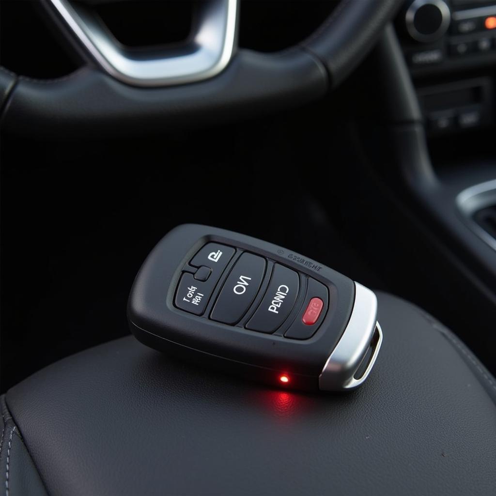 2016 Jeep Cherokee Key Fob Malfunctioning: A close-up of a 2016 Jeep Cherokee key fob with a red warning light flashing, indicating a potential malfunction or low battery.