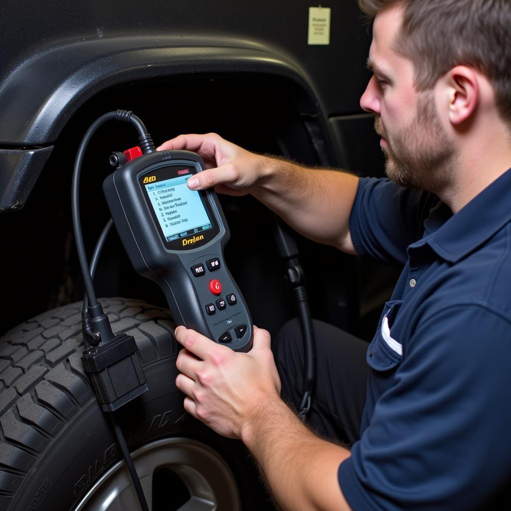 Mechanic using a diagnostic tool on a 1999 Chevrolet Blazer