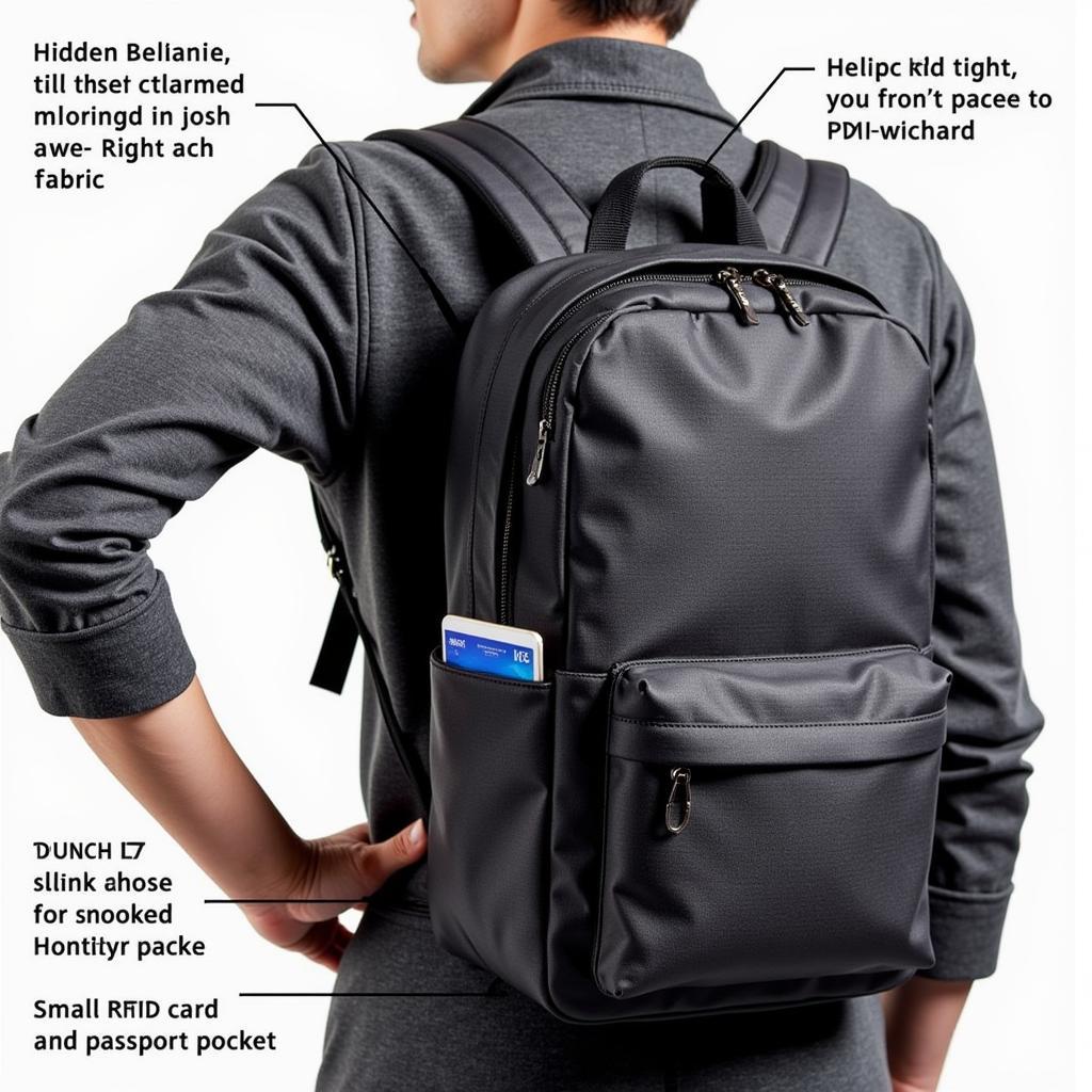 Anti-theft backpack with various security features including hidden zippers, slash-proof material and RFID blocking pockets