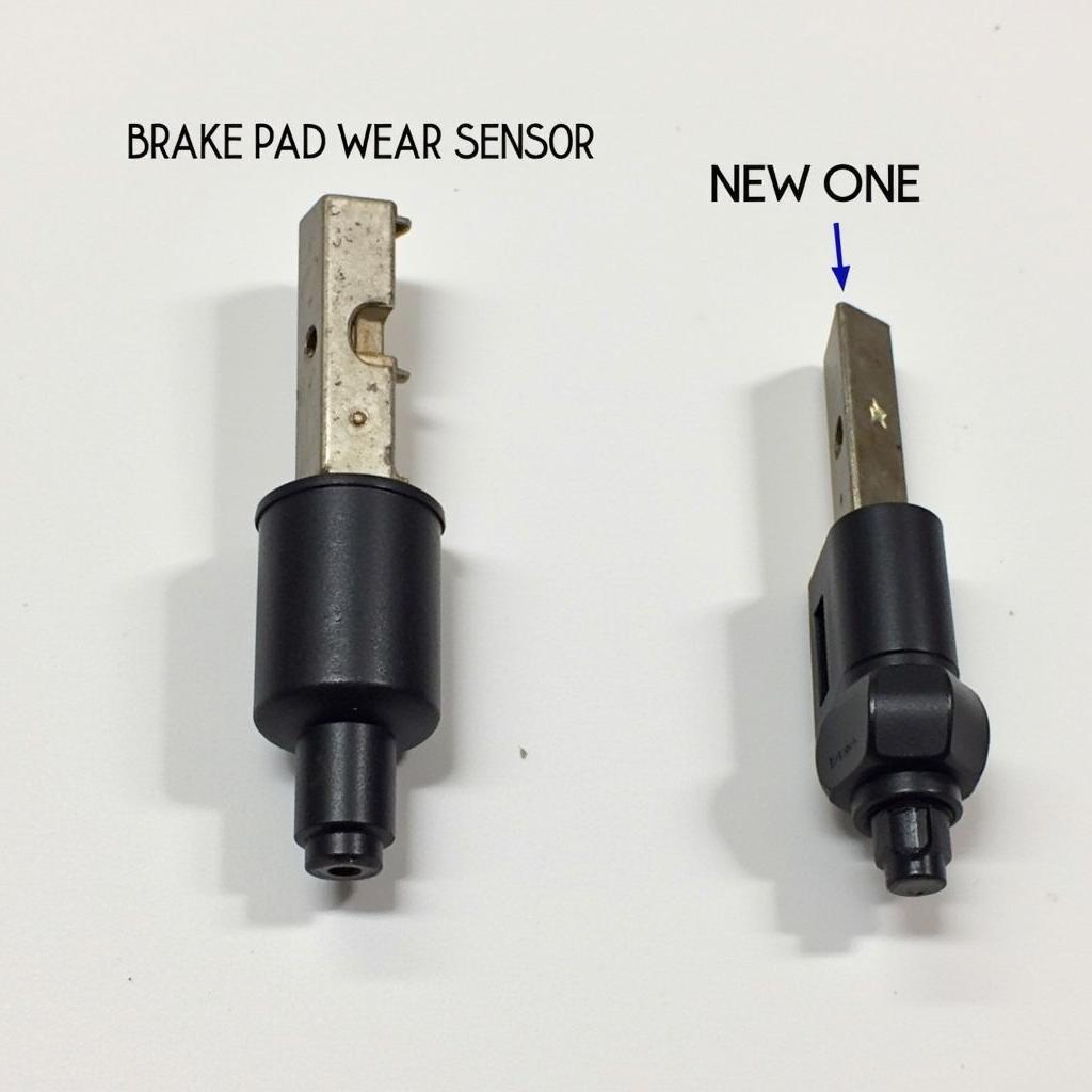 Close-up of a worn brake pad wear sensor on an Audi A3.