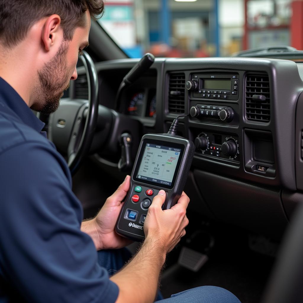 Technician Diagnosing a 2004 Chevy 2500HD with Diagnostic Tools