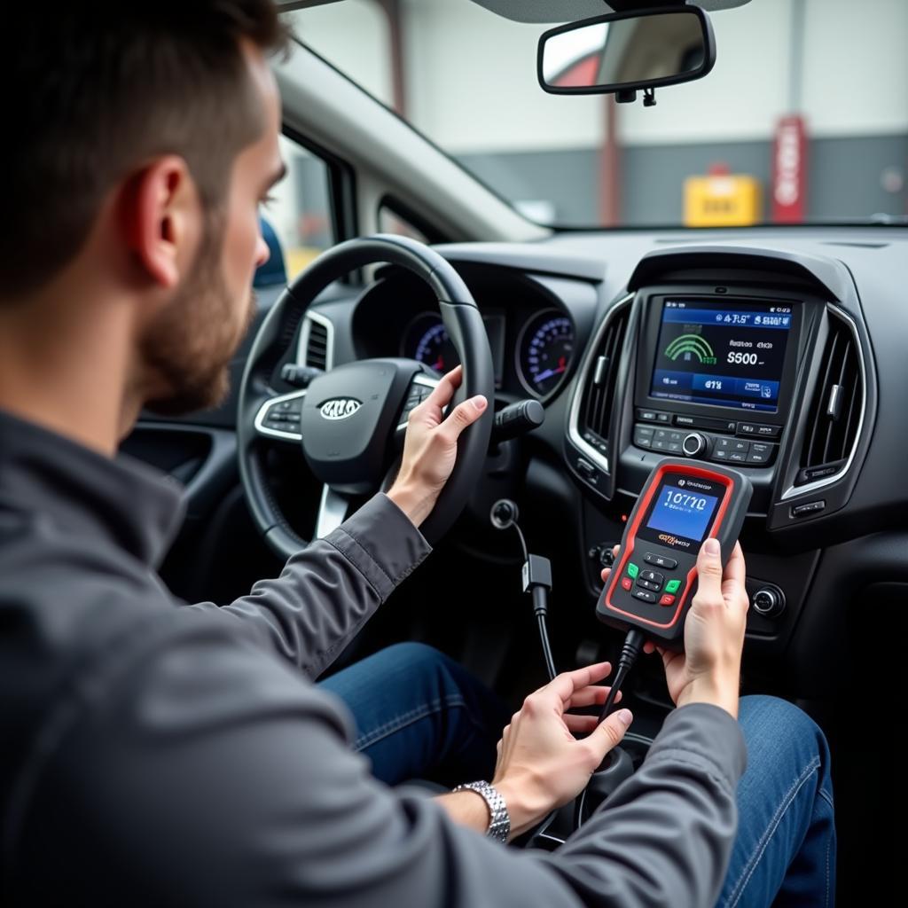 Automotive Technician Diagnosing a Car with Computer