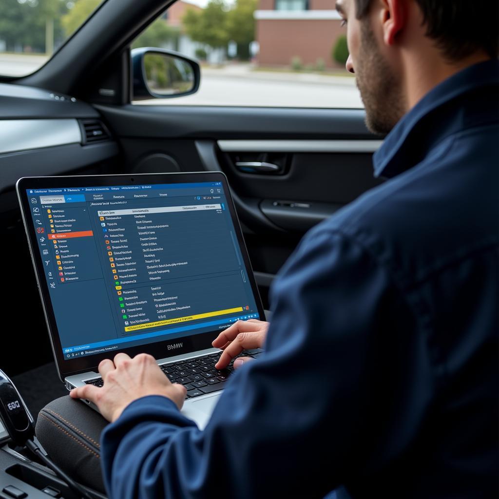 Technician Using Diagnostic Software on a BMW 323i