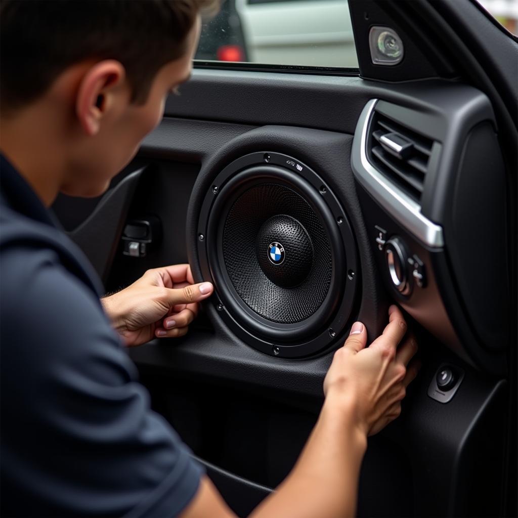 Technician installs premium speakers as part of a BMW audio upgrade.