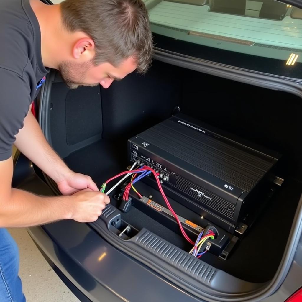 BMW E60 Amplifier Replacement -  An aftermarket amplifier being installed in the trunk, showing the wiring harness connections and mounting points.