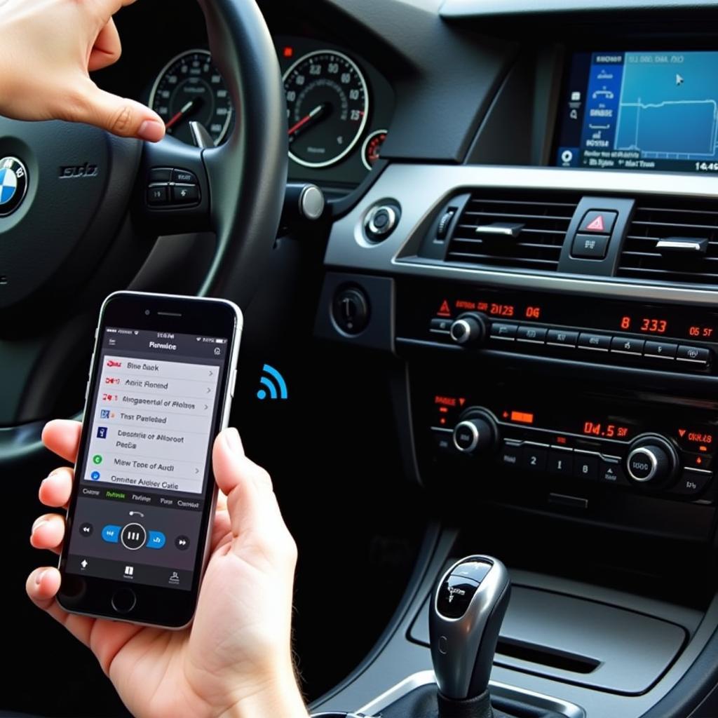 BMW E60 LCI interior showcasing a bluetooth audio retrofit