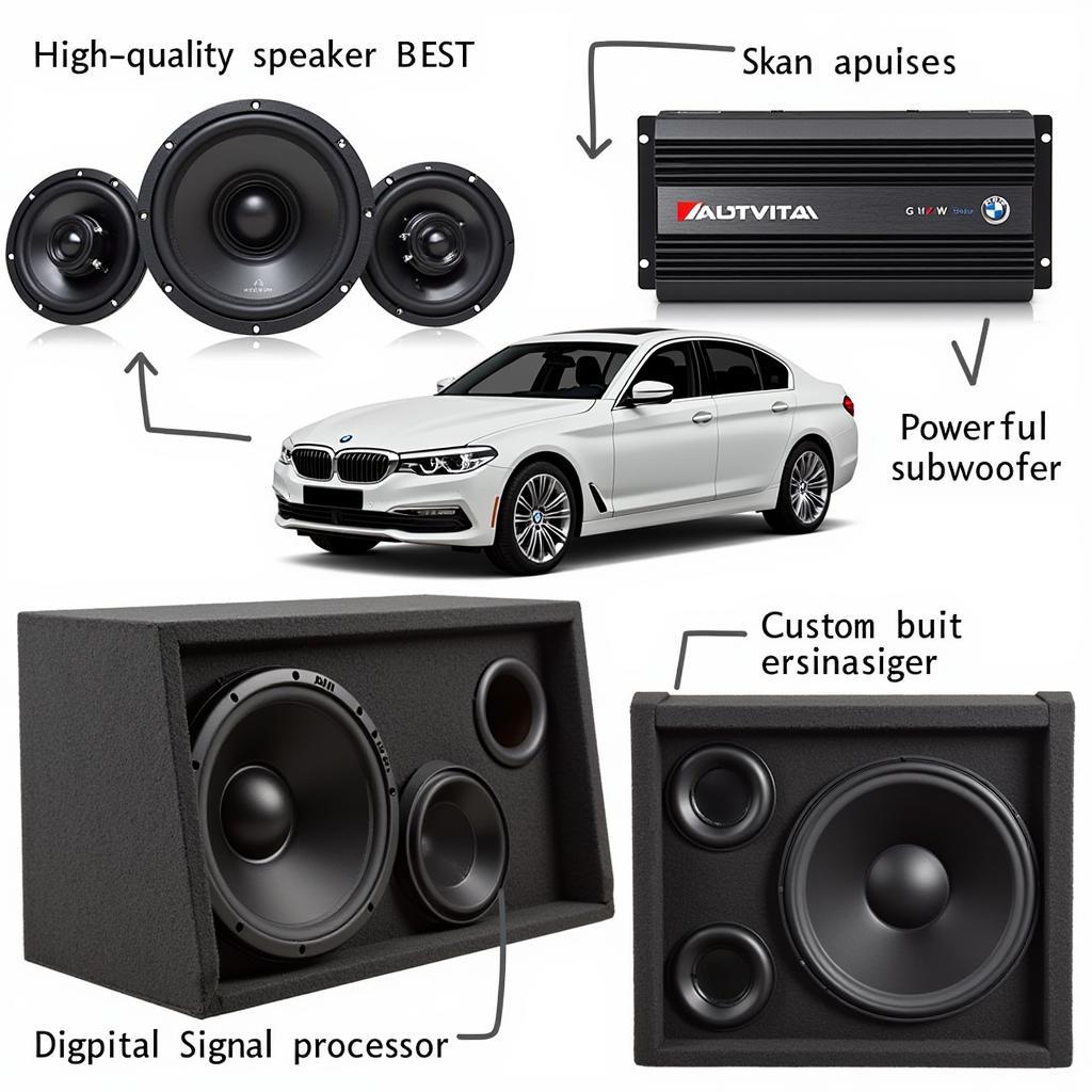 BMW F11 Audio Upgrade Components: Speakers, Amplifier, Subwoofer, and DSP