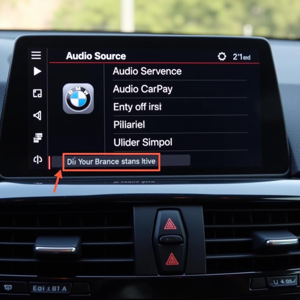 Navigating the iDrive settings to check audio source for Apple CarPlay in a BMW.