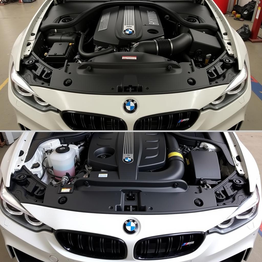 BMW M3 engine bay after repair showing clean and properly functioning components