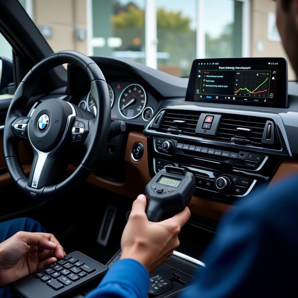 BMW technician using diagnostic tools to troubleshoot Apple CarPlay sound problems.