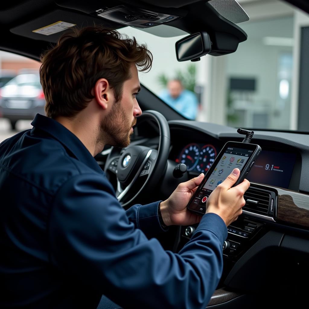 BMW Technician Diagnosing iDrive System with Diagnostic Tool