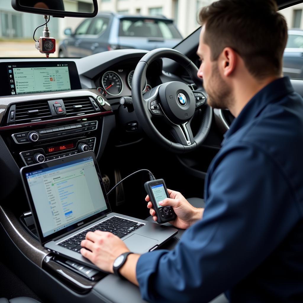 BMW Technician Diagnosing Sound System