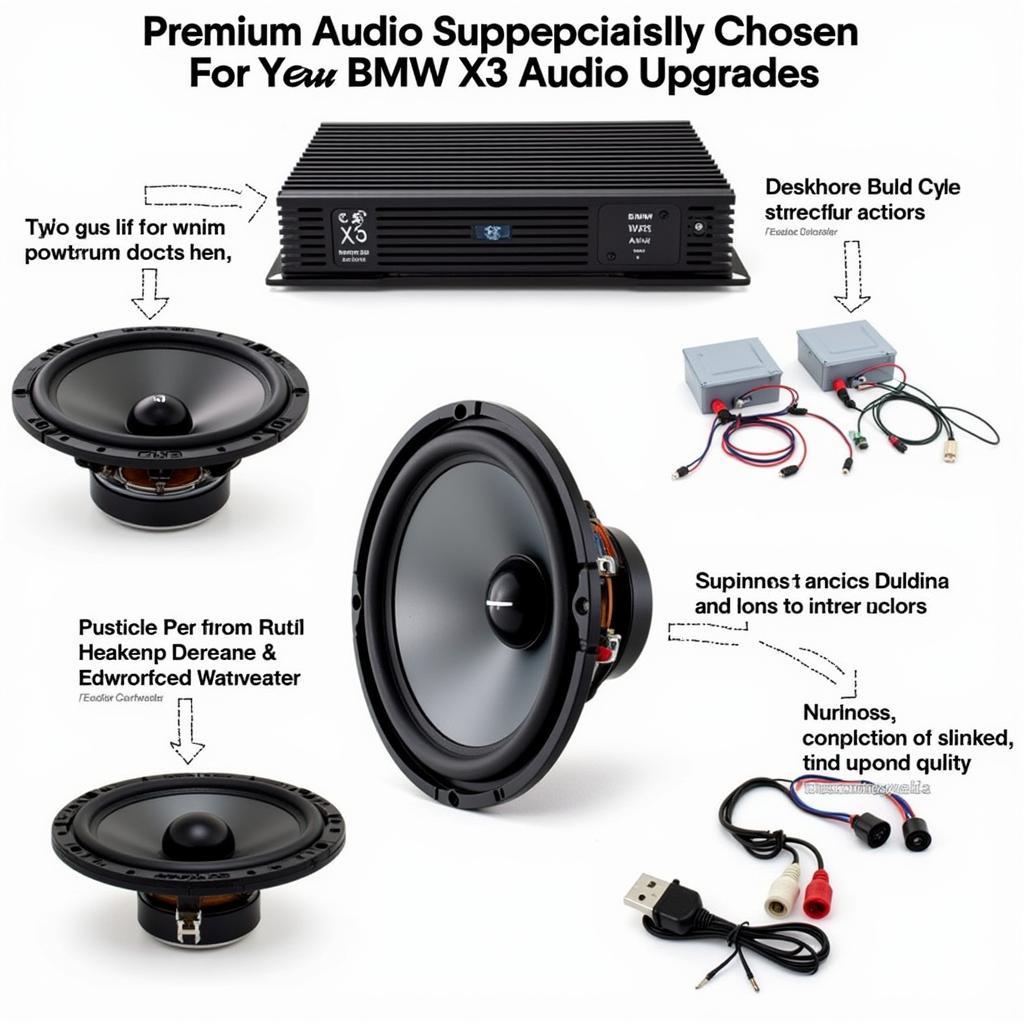 BMW X3 Audio Upgrade Components: Close-up view of high-quality speakers, amplifier, and subwoofer for a BMW X3.