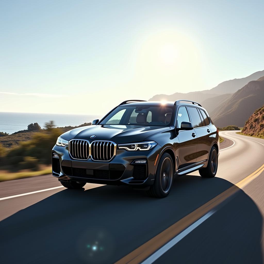 BMW X7 driving on an open road demonstrating its performance and exhaust sound