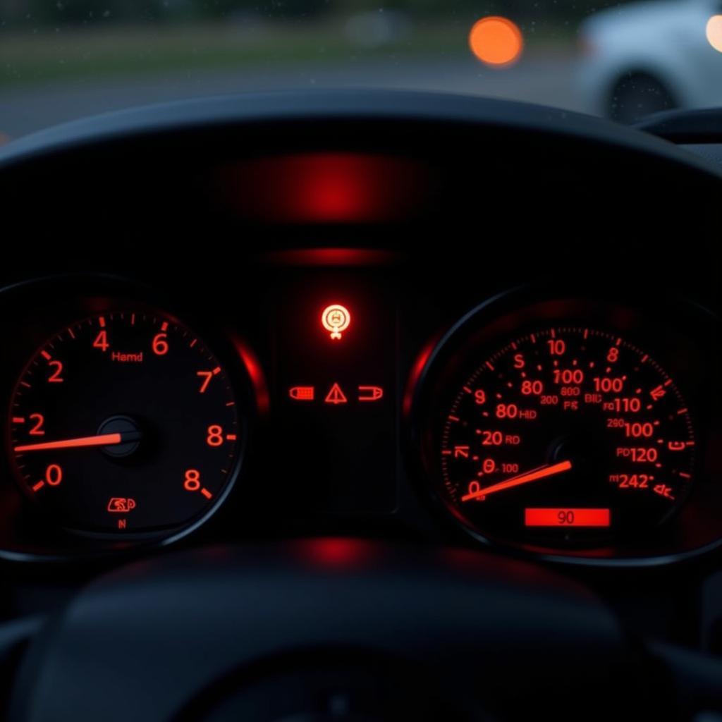 Brake warning light illuminated on a car's dashboard