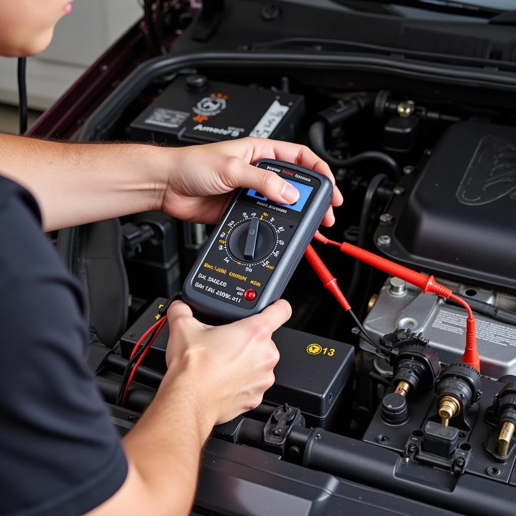 Mechanic Testing Car Alternator with a Digital Multimeter